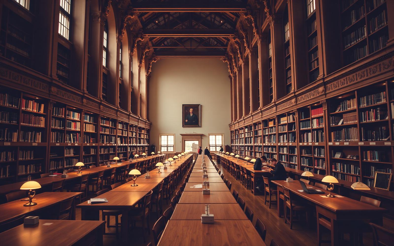 Long wooden tables and warm lamps in a university library reading room