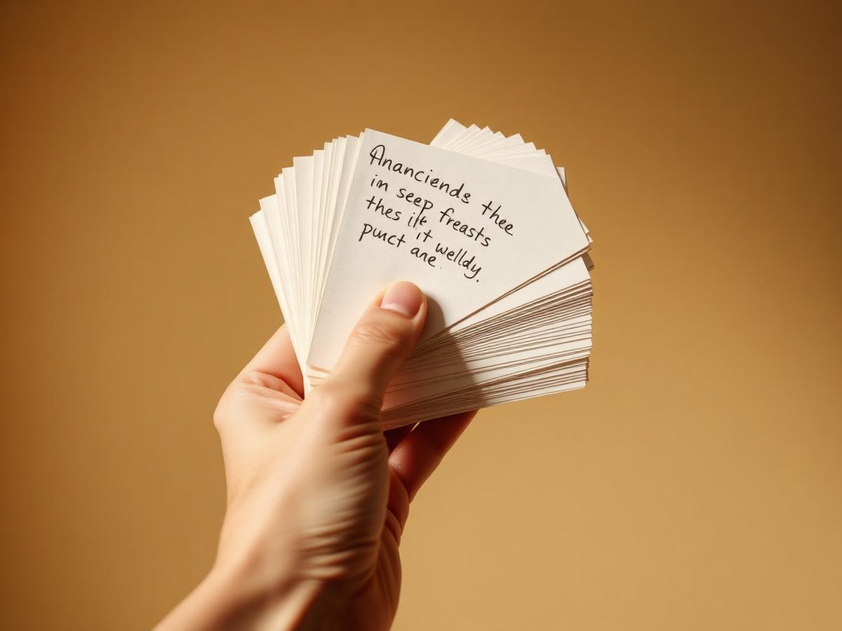 A hand holding a fanned stack of handwritten index cards