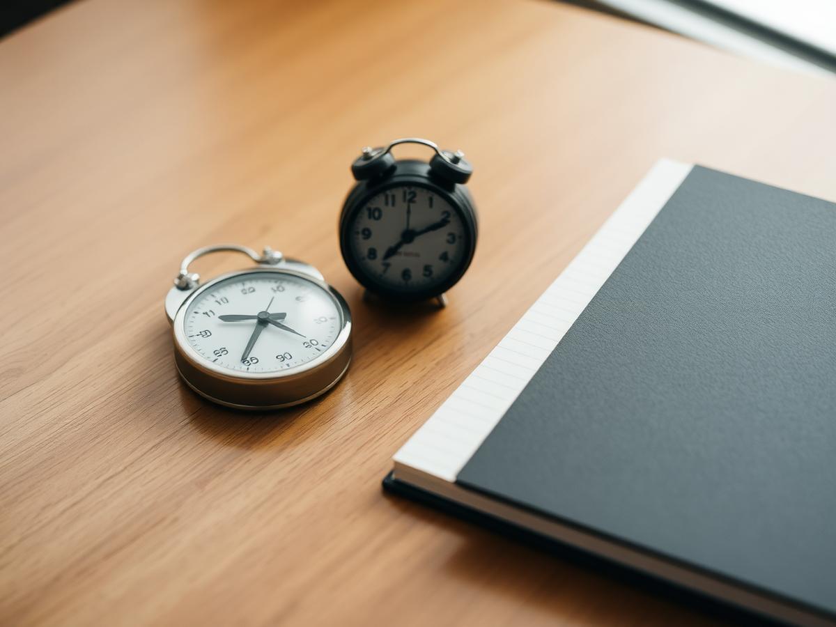 A stopwatch and small clock beside a closed notebook on a wooden table